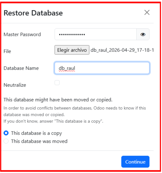 Formulario de restauración con contraseña y archivo zip