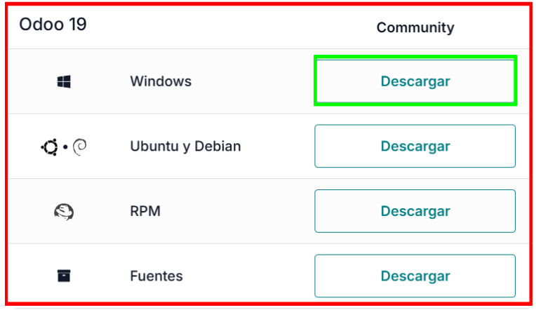 Página de descarga de Odoo