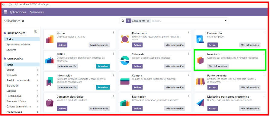 Selección del módulo de inventario